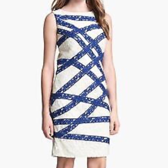 Tadashi Shoji Black and White Geometric Ribbon Cocktail Sheath Dress Size L NWT - Picture 4 of 8